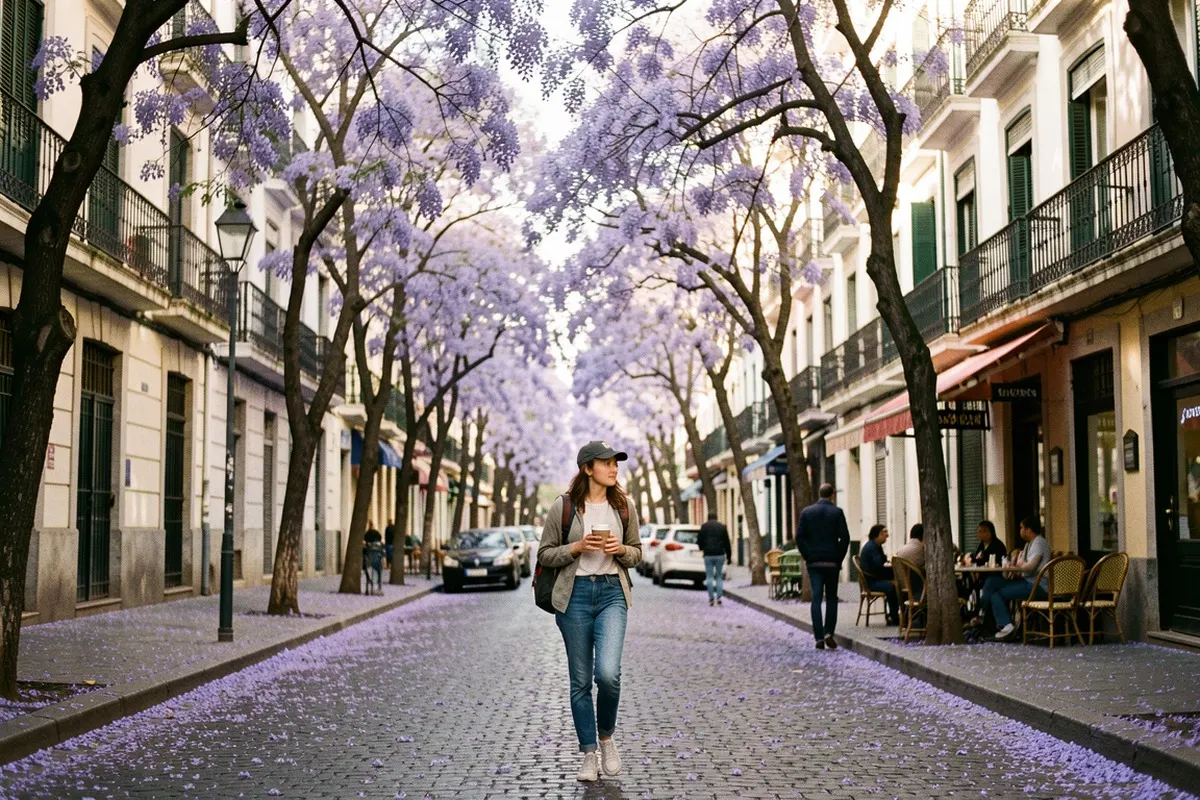 A Buenos Aires street under flowering jacaranda trees, with violet petals covering the cobblestones